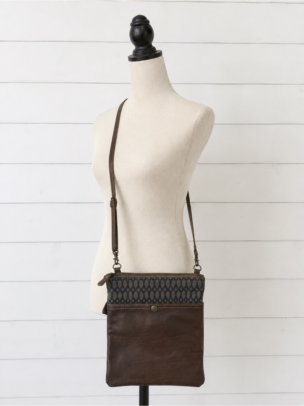 Myra Bag Brown Leather Crossbody with Patterned Top